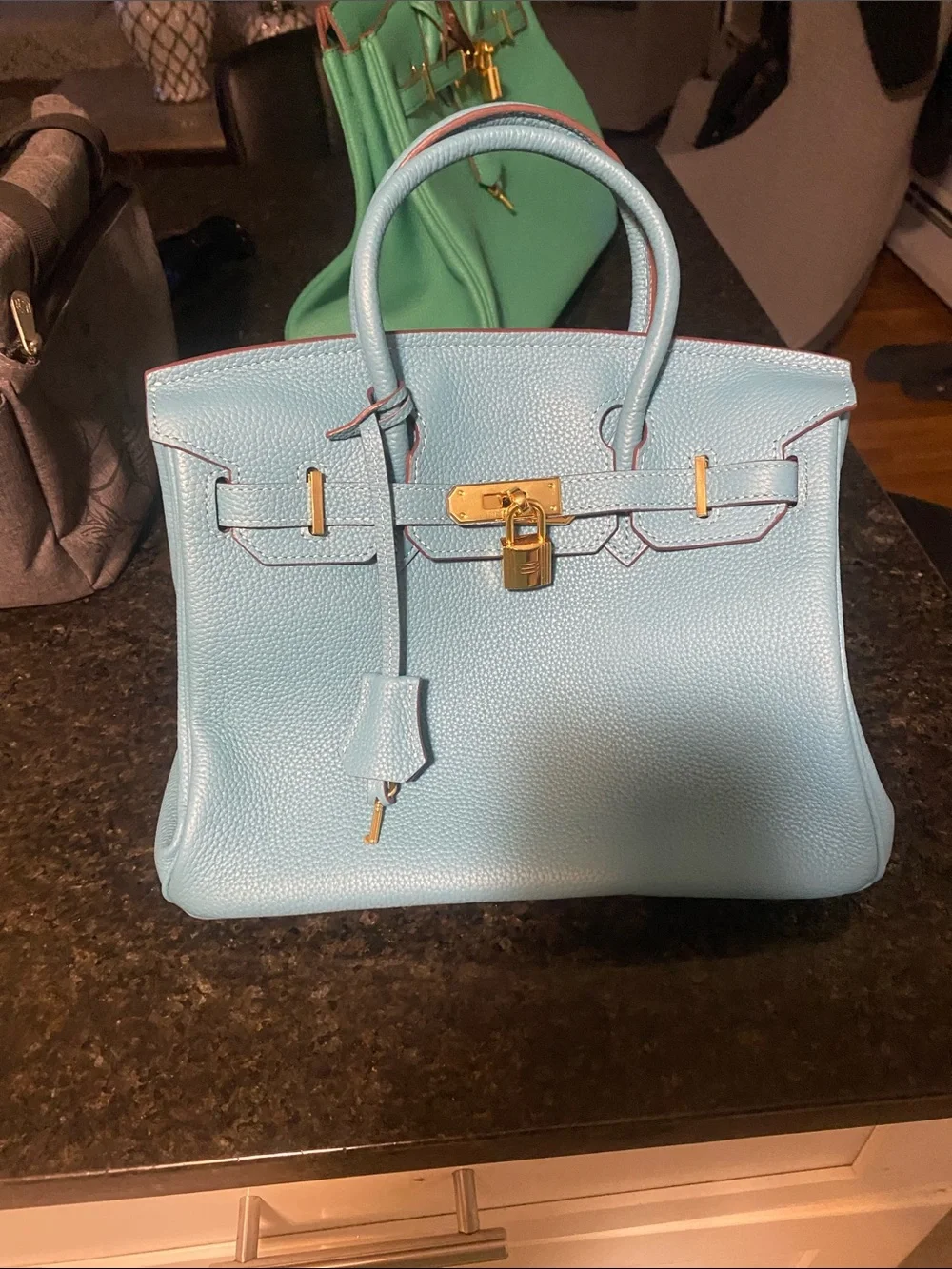 Light Blue Leather Top-Handle Bag with Gold Hardware